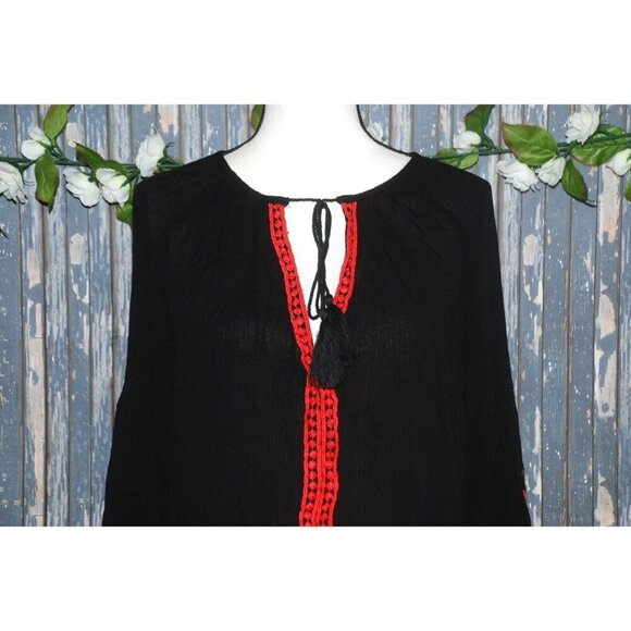 Weekend Suzanne Betro Ladies Tunic Top Blouse Size L Black Red Embroidered - Picture 2 of 11